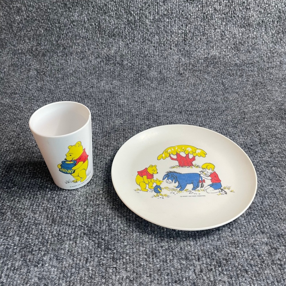Vintage Disney Winnie the Pooh Melamine Plate and Cup Set 1974 Hundred Acre Wood